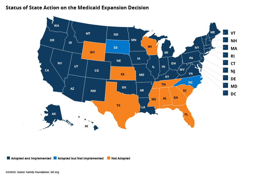 Map showing which U.S. states have not yet expanded Medicaid