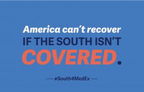 Text graphic that reads "America can't recover if the South isn't covered"